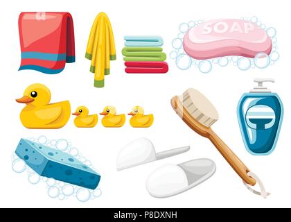 Bath and shower icon set. Pink soap bar, towels, ducks and towels. Colorful icons. Flat vector illustration isolated on white background. Stock Vector