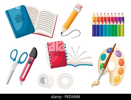 Set of stationery icons. Spiral and normal notebook, adhesive tape, palette, pencils, knife and scissors. Flat office icon. Flat vector illustration i Stock Vector