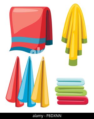 Flat towels set. Cartoon illustration collection. Cloth towels for bath and shower. Colorful fabric towels. Vector illustration isolated on white back Stock Vector