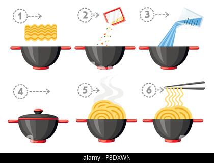 Cooking instruction. Instant noodles. Flat vector illustration. Black bowl and chopsticks. Vector illustration isolated on white background. Stock Vector