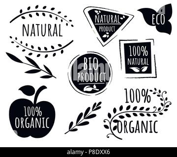 Collection of eco friendly logo stamps. 100% organic logo design. Black vector eco stamp. Flat vector illustration. Isolated on white background. Stock Vector