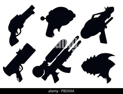 Black silhouette. Cartoon gun collection. Flat vector toys. Space laser guns design. Vector illustration isolated on white background. Stock Vector