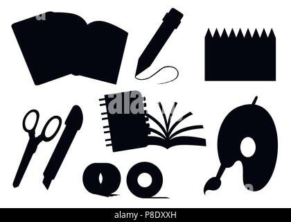 Black silhouette. Set of stationery icons. Spiral and normal notebook, adhesive tape, palette, pencils, knife and scissors. Flat office icon. Flat vec Stock Vector