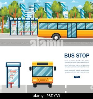Rural landscape with road, bus stop and bus. Green trees and modern city background. Yellow city bus, and transparent bus stop. Flat vector illustrati Stock Vector