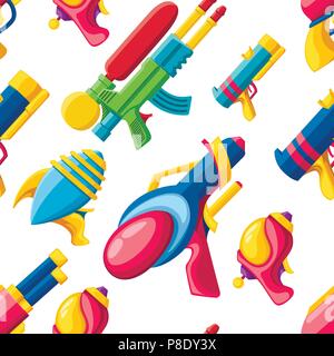 Seamless pattern. Cartoon gun collection. Flat vector colorful toys. Space laser guns design. Vector illustration on white background. Stock Vector