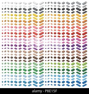 Color spectrum big pack of children bricks. Brick toy, colorful bricks isolated on white background.  All bricks sizes. Stock Vector