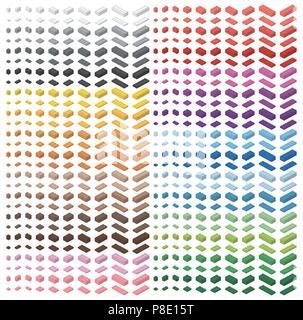 Children brick toy simple colorful bricks isolated on white background. Color spectrum big pack of bricks. All bricks sizes. Stock Vector