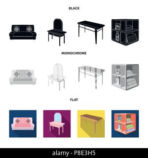 Soft sofa, toilet make-up table, dining table, shelving for laundry and detergent. Furniture and interior set collection icons in black, flat, monochr Stock Vector