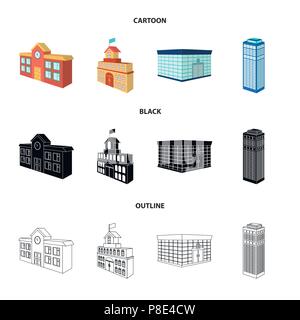 Bank office, skyscraper, city hall building, college building. Architectural and structure set collection icons in cartoon,black,outline style vector  Stock Vector