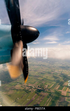 Beautiful Tuscan rural landscape from the window of a propeller plane in flight Stock Photo