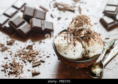 Homemade vanilla ice cream with chocolate chips. Refreshing dessert for gourmets. stracciatella. Selective focus Stock Photo