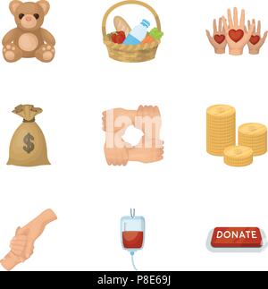 Charitable Foundation. Icons on helping people and donation.Charity and donation icon in set collection on cartoon style vector symbol stock web illus Stock Vector