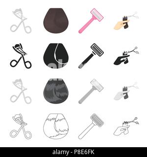 Curling irons, curl hair, shaving machine, hairdresser cuts hair. Hairdresser set collection icons in cartoon black monochrome outline style vector sy Stock Vector