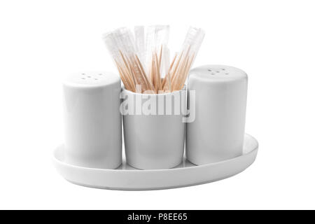 Salt, pepper, toothpicks on white background, isolated Stock Photo