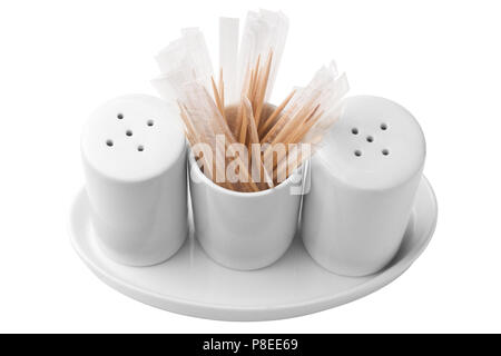 Salt, pepper, toothpicks on white background, isolated Stock Photo