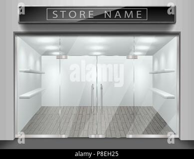 Template for advertising store front facade. Realistic Exterior empty shop with window. Blank mockup of stylish glass street shop. Vector illustration Stock Vector