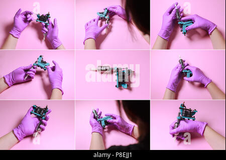 Collage With Female Hands In Pink Rubber Gloves Hold A Blue Tattoo Machine On A Pink Background Stock Photo