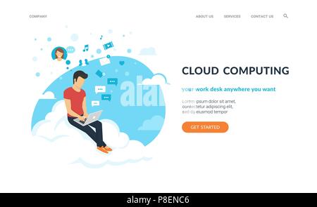 Young man sitting on the cloud in the sky and working with laptop. Flat concept vector website template and landing page design of social networking a Stock Vector