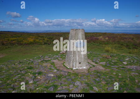 Beacon Batch round barrow cemetery trig point. John o' groats (Duncansby head) to lands end. End to end trail. Mendip Hills. Somerset. England. UK Stock Photo