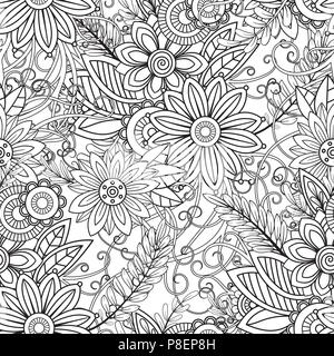 Hand drawn seamless pattern with leaves and flowers. Doodles floral ornament. Black and white decorative elements. Perfect for wallpaper, adult coloring books, web page background, surface textures. Stock Vector