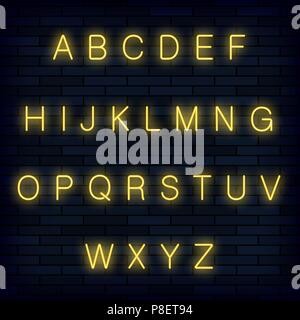Yellow Neon Alphabet on Blue Brick Background. Retro Letters. Realictic Type Set. Graphic Font Design. Stock Vector