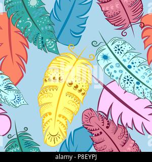 Bright colored feathers on a blue background. Vector for seamless illustration. Stock Vector