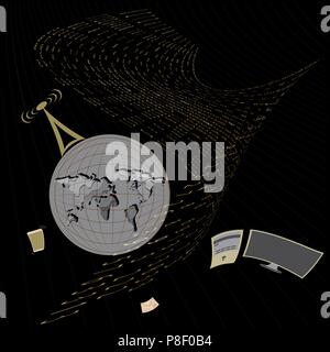 Background in a matrix style. Telephone, computer, antenna, mail, satellite, earth. Falling random numbers. beige is dominant color. Vector illustrati Stock Vector