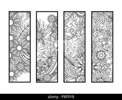 Set of four bookmarks in black and white. Doodles flowers and ornaments for adult coloring book. Vector illustration. Stock Vector