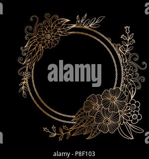 Golden floral frame template. Flowers and plants round frame. Design element with space for your text. Vector illustration. Stock Vector