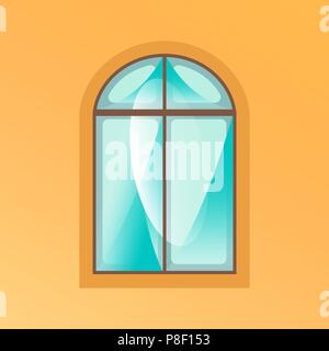 Window on yellow background. Ancient wooden window with highlights in cartoon style Stock Vector