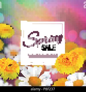 Stock vector illustration Spring sale. Realistic dandelion, taraxacum, blurred defocused background. Macro chamomile bokeh. Templates for placards, banners, flyers, presentations, reports. EPS10 Stock Vector