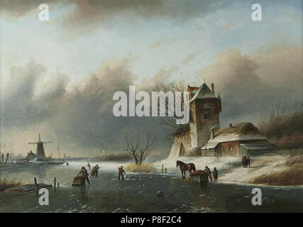 Spohler  Jan Jacob Coenraad - Ice Skaters on a Canal Stock Photo
