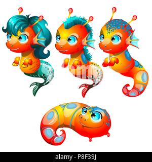 Set fantasy cartoon seahorse isolated on a white background. Stages of transformation from larvae in the sea pony with Golden hooves. Vector illustration. Stock Vector