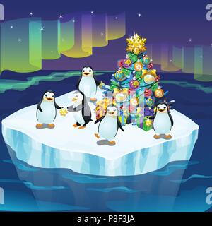 Little cute penguins on an ice floe decorate a Christmas tree. A poster on the theme of the New year. Vector illustration. Stock Vector