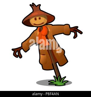 Scarecrow in the red scarf and brown hat isolated on white background. Vector cartoon close-up illustration. Stock Vector