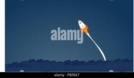Picture of rocket flying above clouds, business startup banner concept, flat style illustration. Succes concept, pass the limits concept Stock Vector