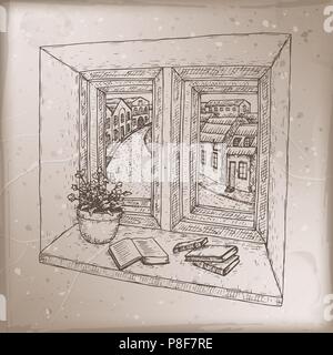 Romantic vintage card with books on windowsill sketch. Stock Vector