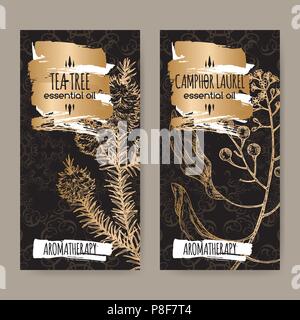 2 labels with tea tree and camphorwood branch sketch on black background. Stock Vector