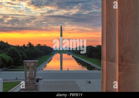 Washington Monument from Lincoln Memorial at Sunrise Stock Photo