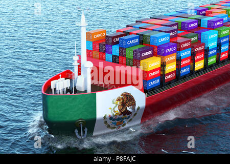 Mexican freighter ship with cargo containers sailing in ocean, 3D rendering Stock Photo