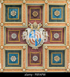 Pope Pius IX coat of arms in the ceiling of the Basilica of Saint Lawrence in Lucina in Rome, Italy. Stock Photo