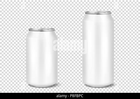 Vector realistic 3d empty glossy metal white aluminium beer pack or can visual 330ml 500ml. Can be used for lager, alcohol, soft drink, soda, fizzy pop, lemonade, cola, energy drink, juice, water etc. Icon set closeup isolated on transparency grid background. Design template of packaging mockup for graphics. Front view Stock Vector