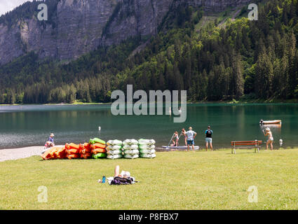 The Beautiful Green Waters of Lac de Montriond in Summer near Morzine Haute Savoie Portes du Soleil France Stock Photo