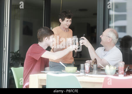 Family having lunch, making a celebratory toast Stock Photo