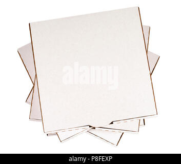 Small stack of blank white pizza boxes isolated on a white background. Stock Photo