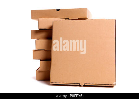 Stack of plain brown pizza boxes with one front facing box for display or advertising.  Space for copy. Stock Photo