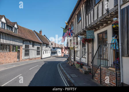 Timber framed buildings in Water Street Lavenham; a town noted for its 15th-century church and half-timbered medieval cottages. Stock Photo