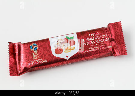 Nougat with raspberries and peanuts with logo of FIFA World Cup Russia 2018. Stock Photo
