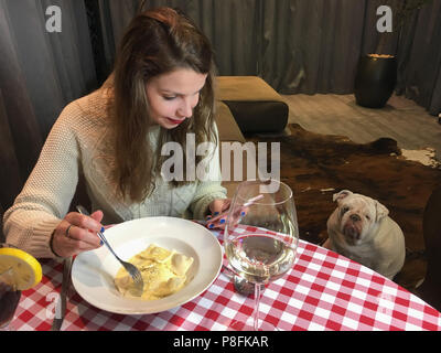 Woman using smartphone at dinner, looking pet. Stock Photo