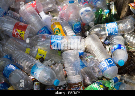 RAYONG, THAILAND - APRIL 12, 2016 : Plastic bottles in Rayong. The plastic is gathered to be recycled. Stock Photo